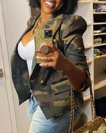 Yipinpay woman blazer 2023 Elegant Camouflage Print Puff Sleeve Double Breasted Blazer jackets coat fall outfits women